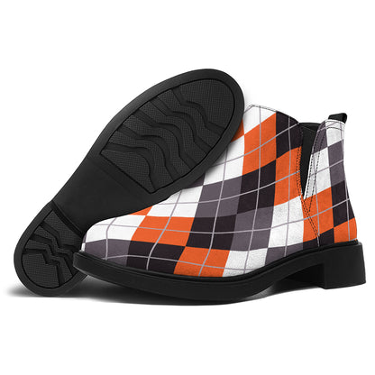 Grey Black Orange And White Argyle Print Flat Ankle Boots