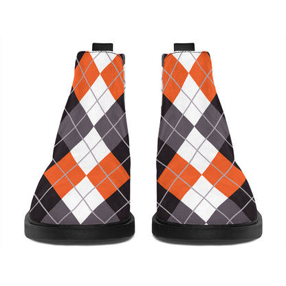 Grey Black Orange And White Argyle Print Flat Ankle Boots