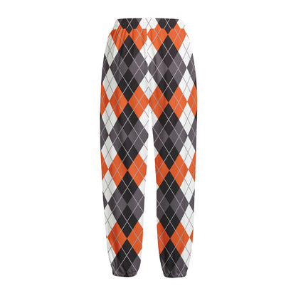 Grey Black Orange And White Argyle Print Fleece Lined Knit Pants