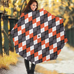 Grey Black Orange And White Argyle Print Foldable Umbrella