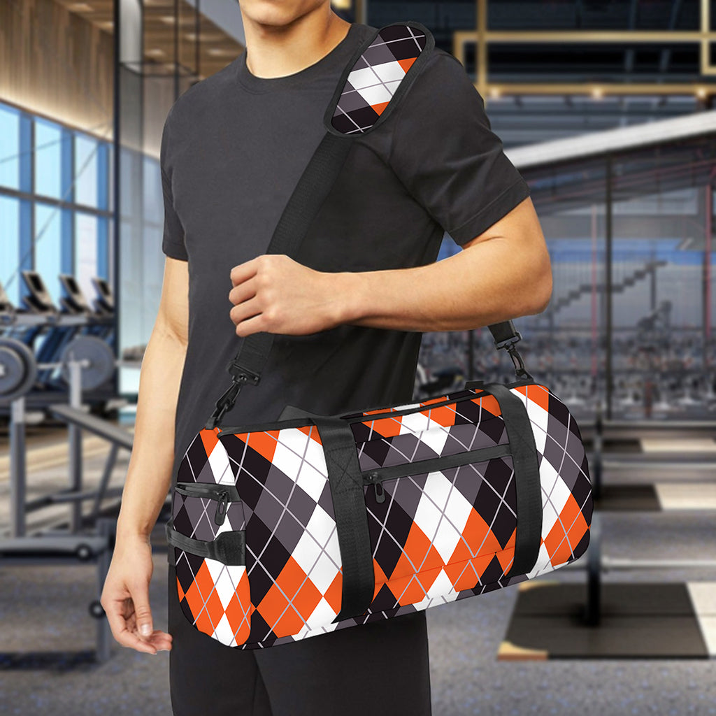 Grey Black Orange And White Argyle Print Gym Bag