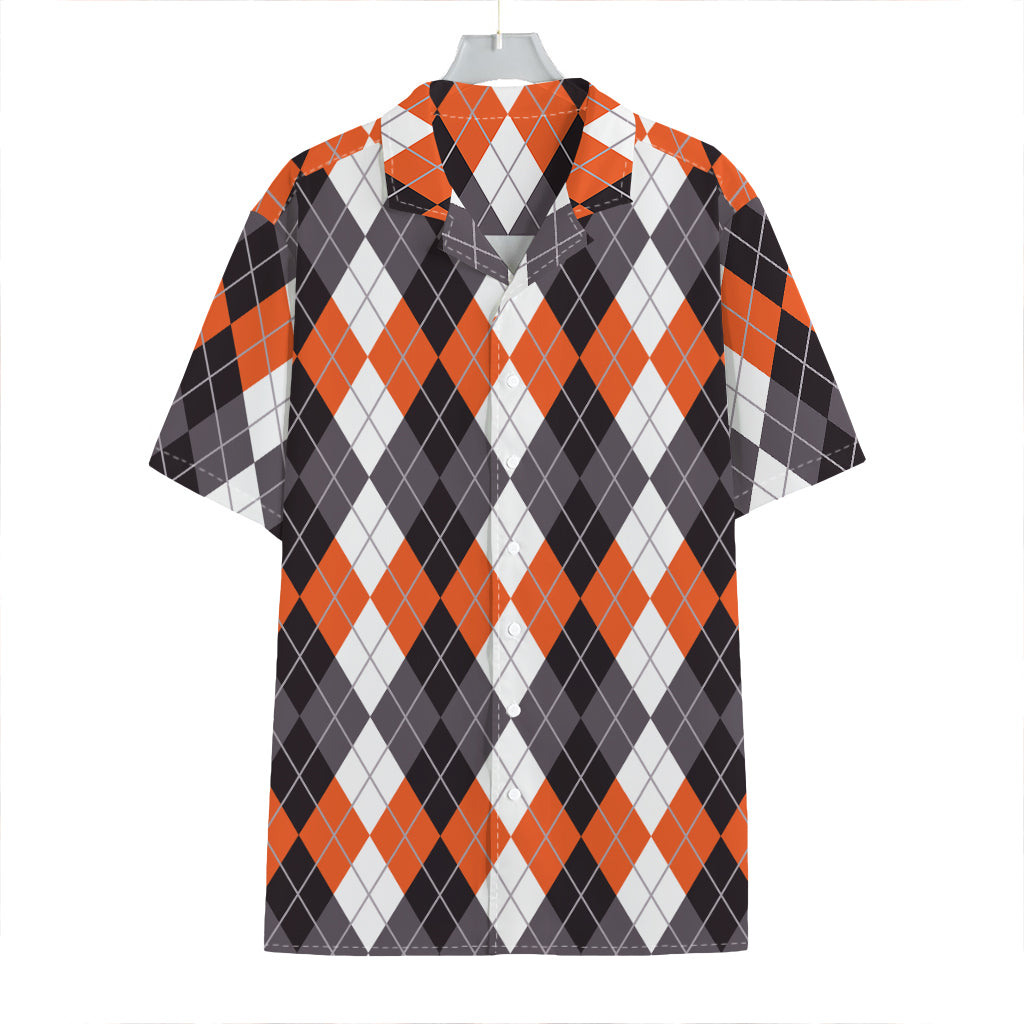 Grey Black Orange And White Argyle Print Hawaiian Shirt