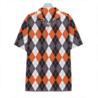 Grey Black Orange And White Argyle Print Hawaiian Shirt
