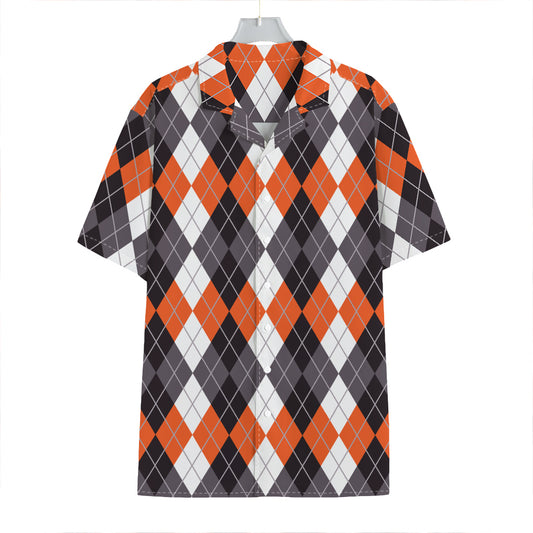 Grey Black Orange And White Argyle Print Hawaiian Shirt