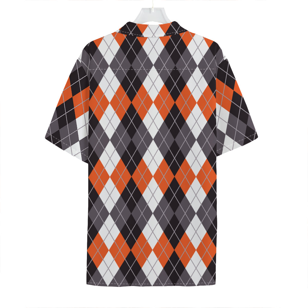 Grey Black Orange And White Argyle Print Hawaiian Shirt