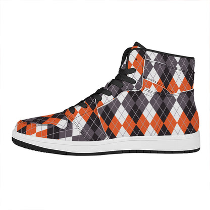 Grey Black Orange And White Argyle Print High Top Leather Sneakers