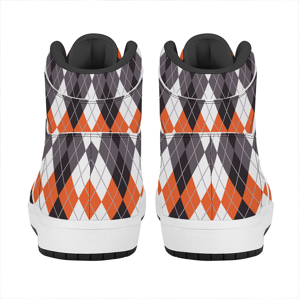 Grey Black Orange And White Argyle Print High Top Leather Sneakers