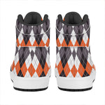 Grey Black Orange And White Argyle Print High Top Leather Sneakers