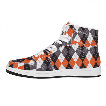 Grey Black Orange And White Argyle Print High Top Leather Sneakers