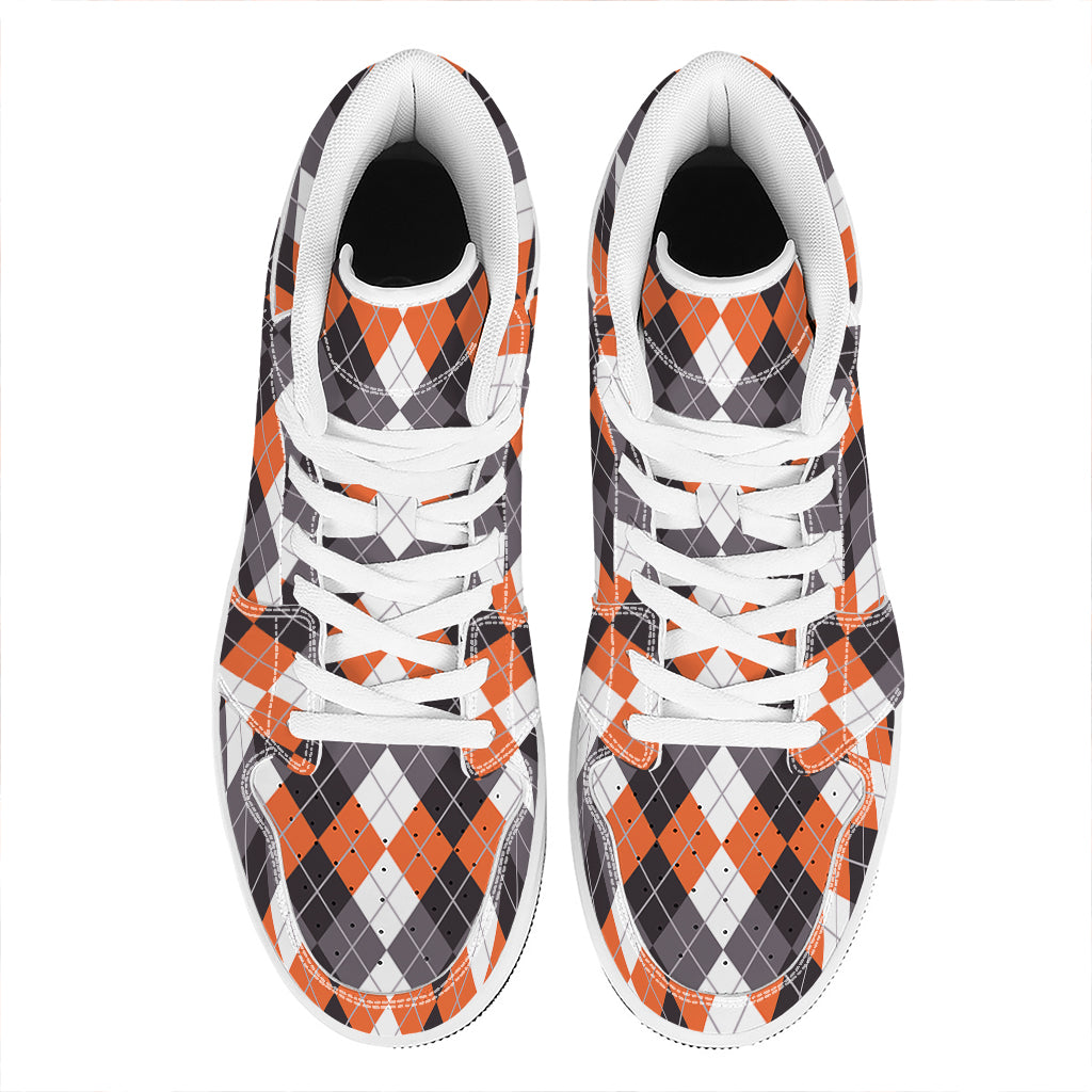 Grey Black Orange And White Argyle Print High Top Leather Sneakers