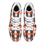 Grey Black Orange And White Argyle Print High Top Leather Sneakers