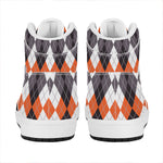 Grey Black Orange And White Argyle Print High Top Leather Sneakers