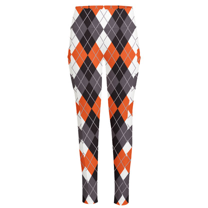 Grey Black Orange And White Argyle Print High-Waisted Pocket Leggings