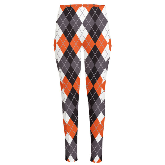 Grey Black Orange And White Argyle Print High-Waisted Pocket Leggings