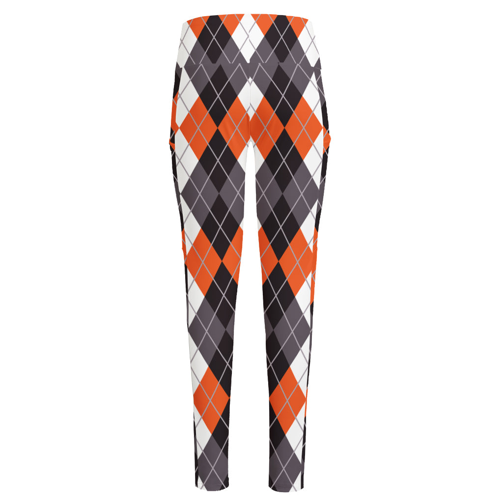 Grey Black Orange And White Argyle Print High-Waisted Pocket Leggings