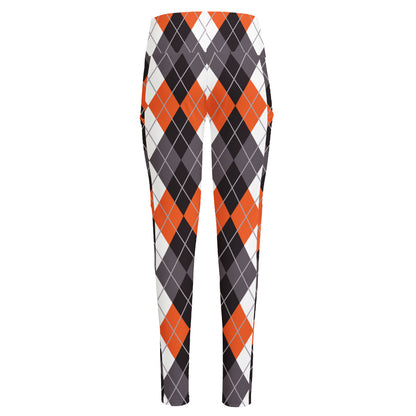 Grey Black Orange And White Argyle Print High-Waisted Pocket Leggings