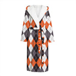 Grey Black Orange And White Argyle Print Hooded Bathrobe