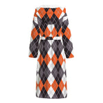 Grey Black Orange And White Argyle Print Hooded Bathrobe