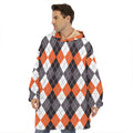 Grey Black Orange And White Argyle Print Hoodie Blanket