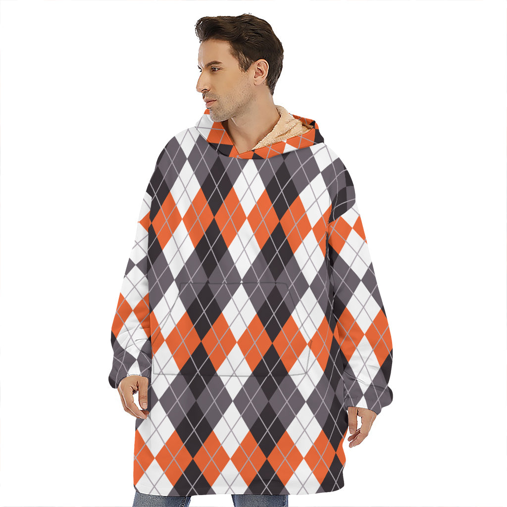 Grey Black Orange And White Argyle Print Hoodie Blanket