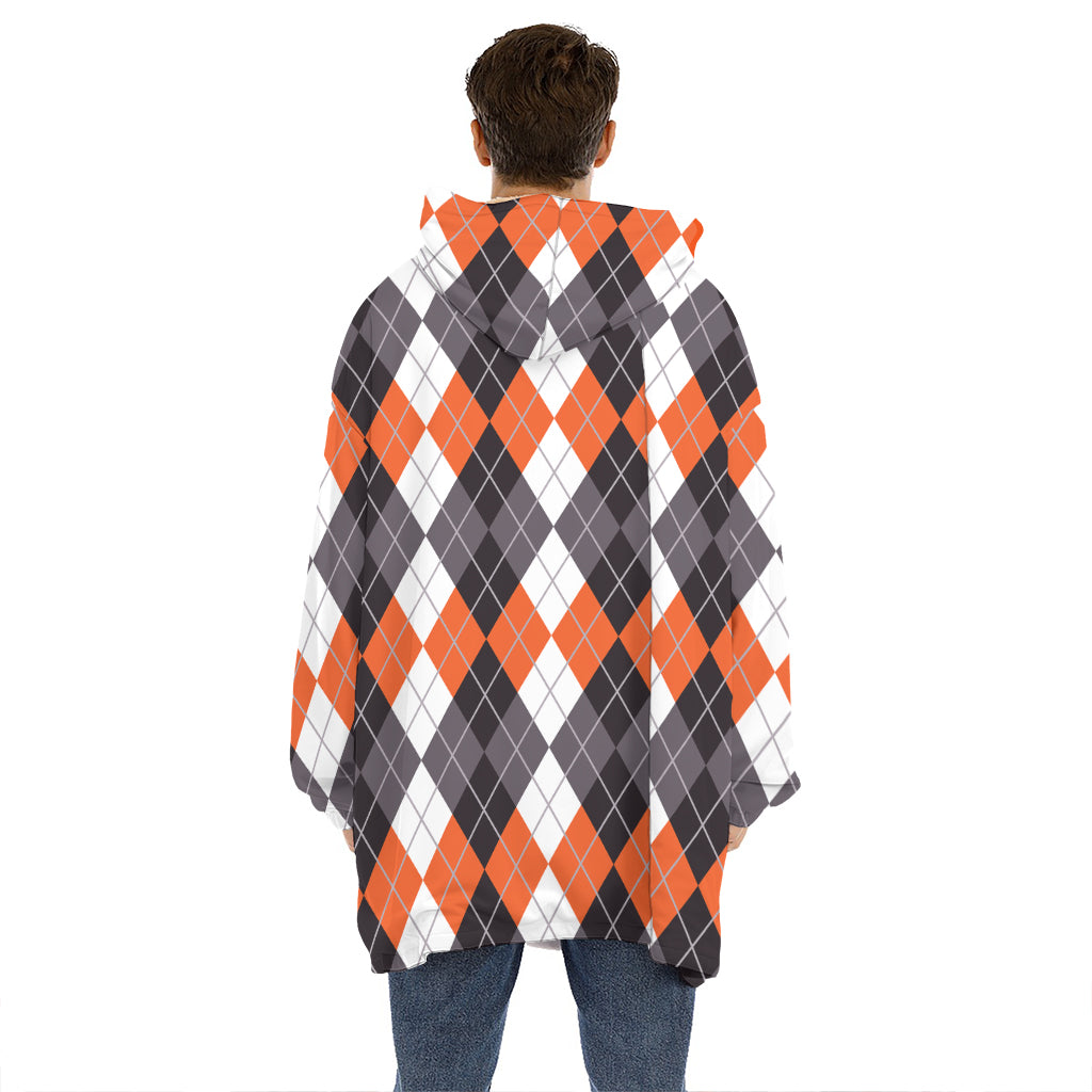 Grey Black Orange And White Argyle Print Hoodie Blanket
