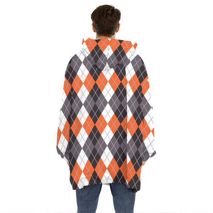Grey Black Orange And White Argyle Print Hoodie Blanket