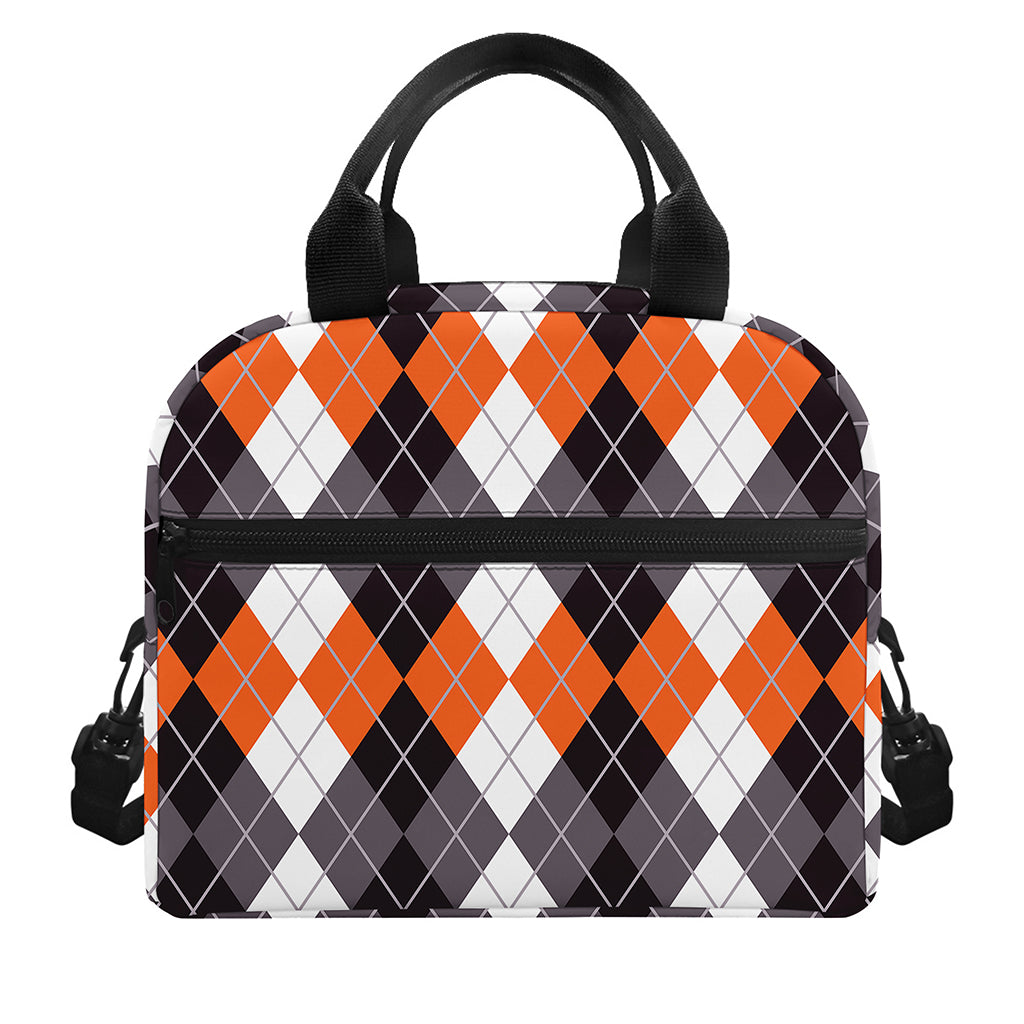 Grey Black Orange And White Argyle Print Insulated Lunch Bag