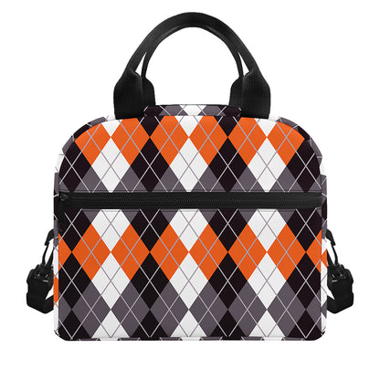 Grey Black Orange And White Argyle Print Insulated Lunch Bag