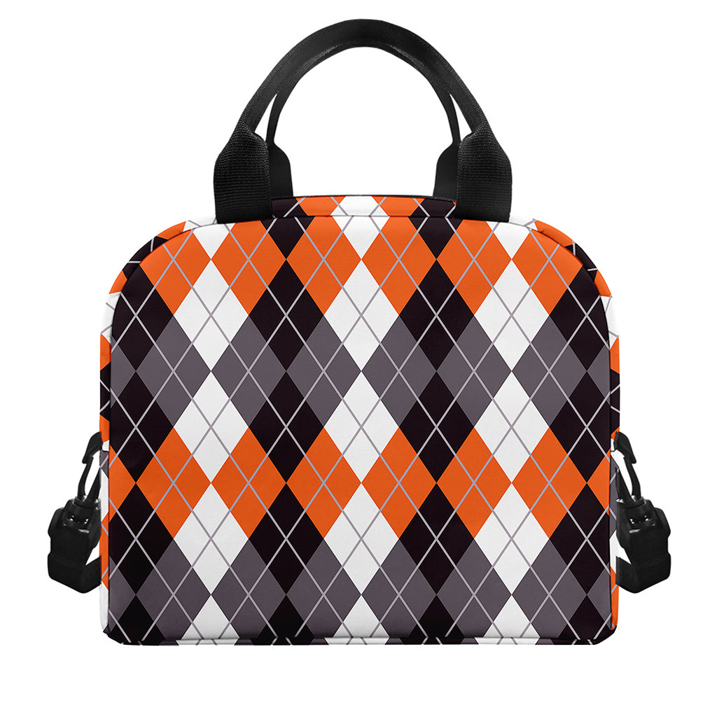 Grey Black Orange And White Argyle Print Insulated Lunch Bag