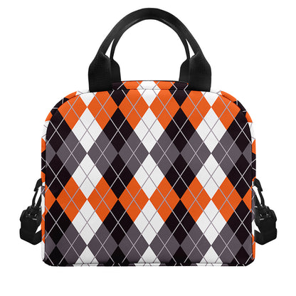 Grey Black Orange And White Argyle Print Insulated Lunch Bag