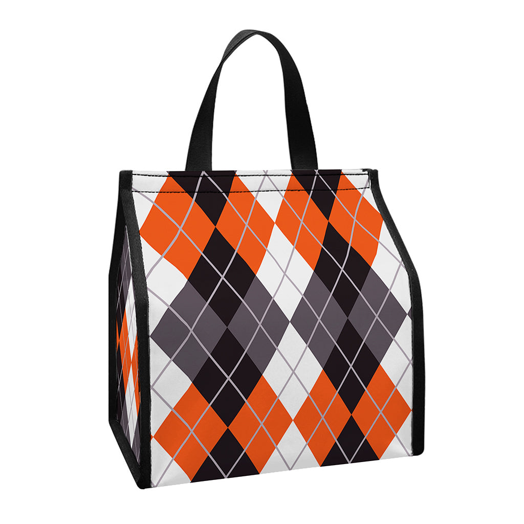 Grey Black Orange And White Argyle Print Insulated Lunch Tote