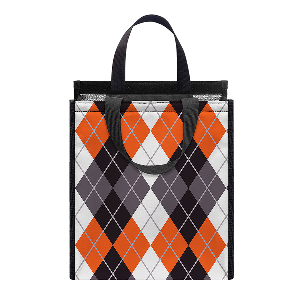 Grey Black Orange And White Argyle Print Insulated Lunch Tote