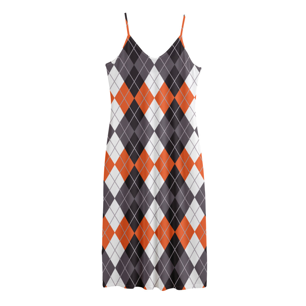 Grey Black Orange And White Argyle Print Jersey Midi Cami Dress
