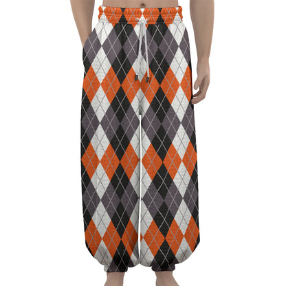 Grey Black Orange And White Argyle Print Lantern Pants