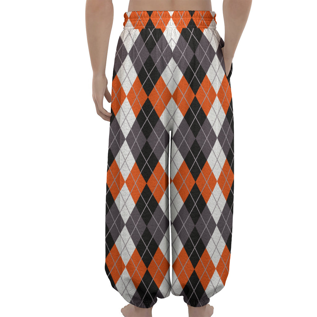 Grey Black Orange And White Argyle Print Lantern Pants