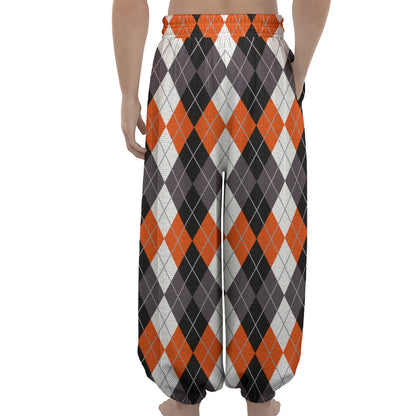 Grey Black Orange And White Argyle Print Lantern Pants