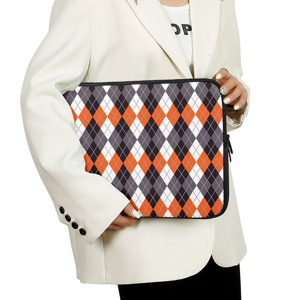 Grey Black Orange And White Argyle Print Laptop Sleeve