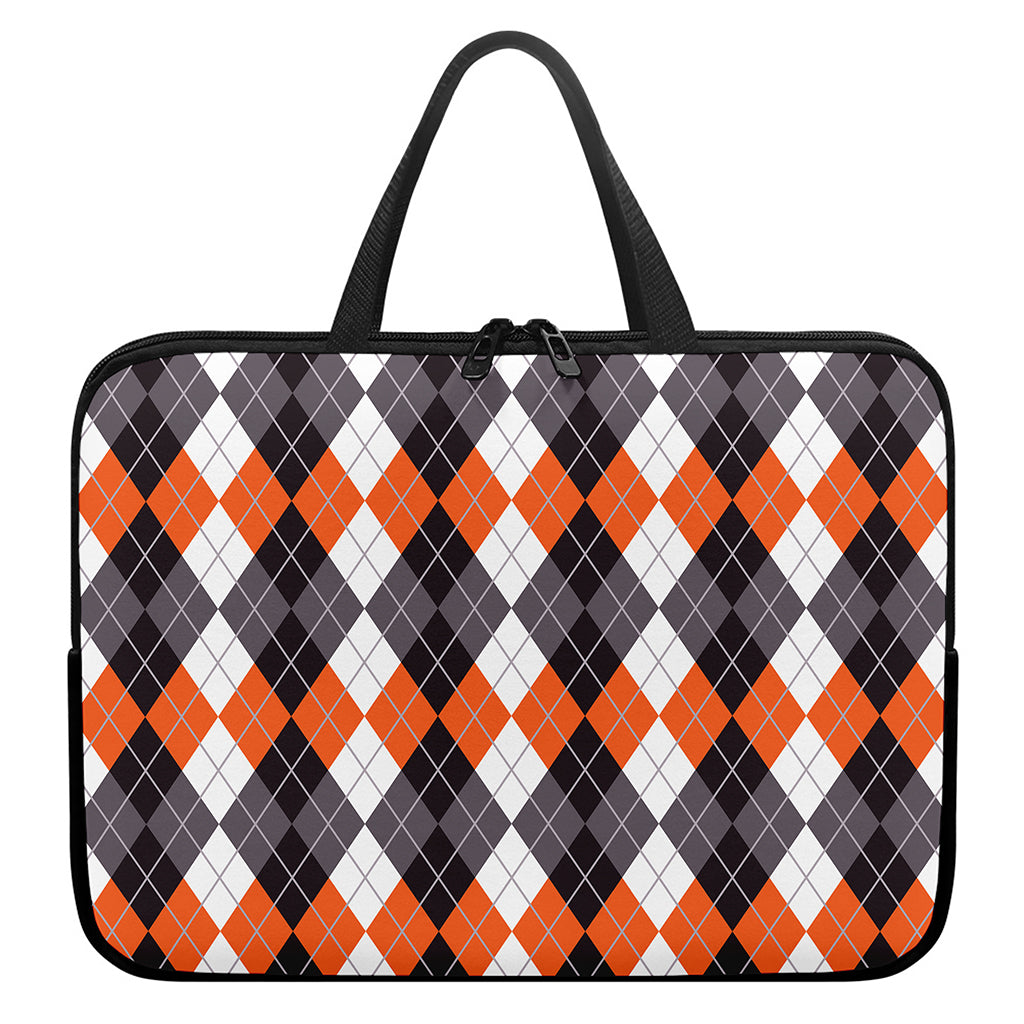 Grey Black Orange And White Argyle Print Laptop Sleeve With Handle