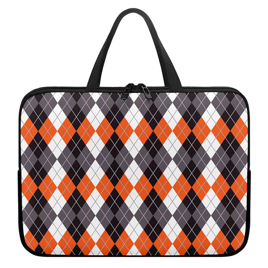 Grey Black Orange And White Argyle Print Laptop Sleeve With Handle