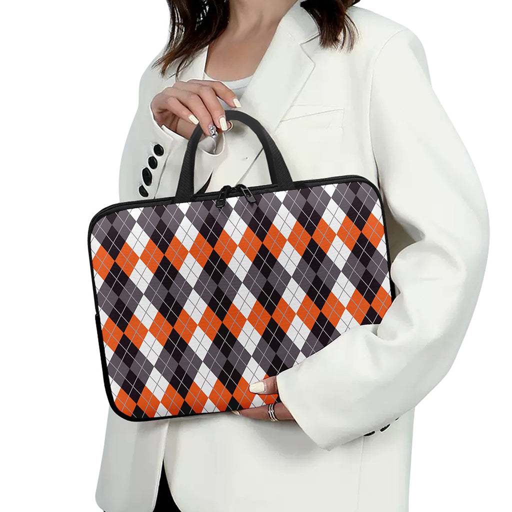 Grey Black Orange And White Argyle Print Laptop Sleeve With Handle