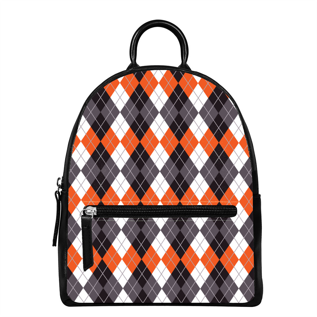 Grey Black Orange And White Argyle Print Leather Backpack