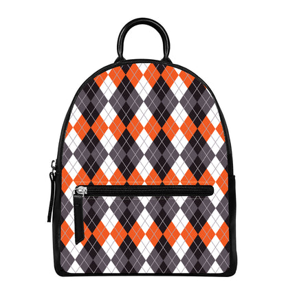 Grey Black Orange And White Argyle Print Leather Backpack