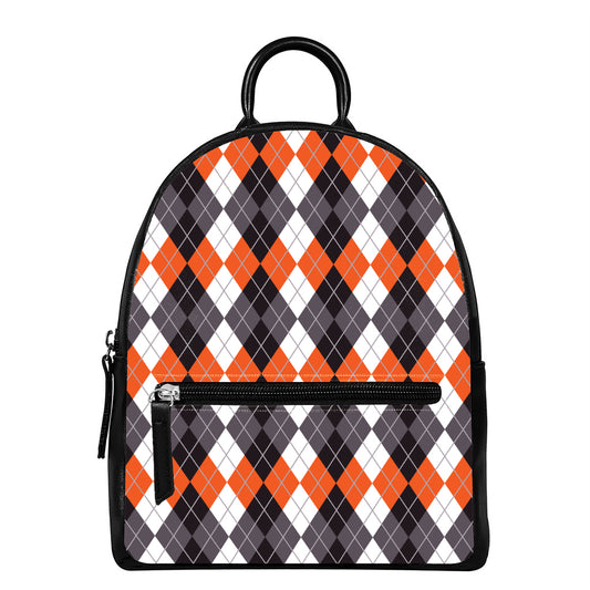 Grey Black Orange And White Argyle Print Leather Backpack