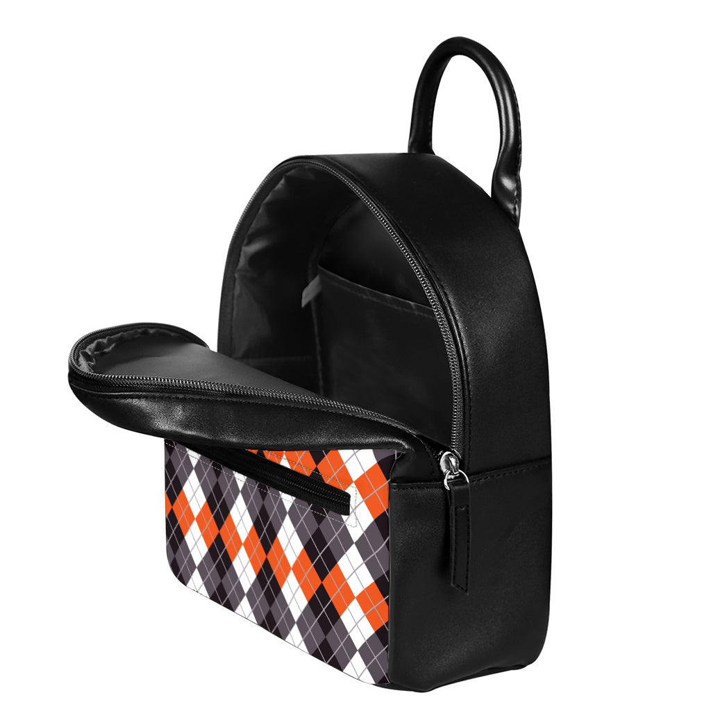 Grey Black Orange And White Argyle Print Leather Backpack