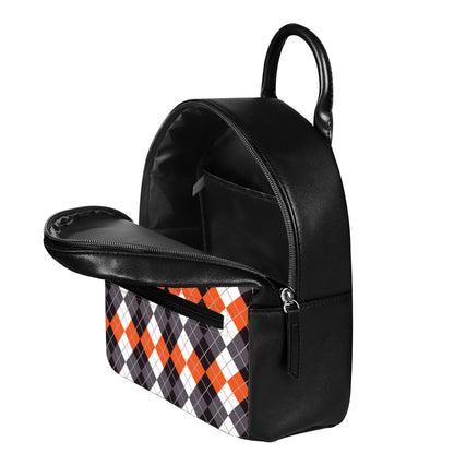 Grey Black Orange And White Argyle Print Leather Backpack