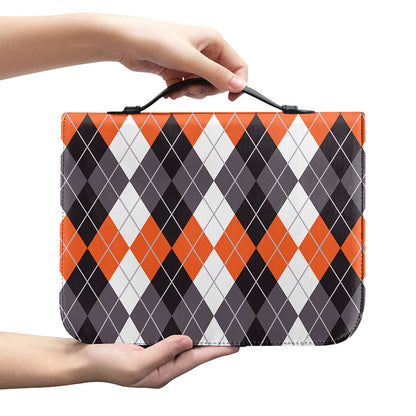 Grey Black Orange And White Argyle Print Leather Bible Cover