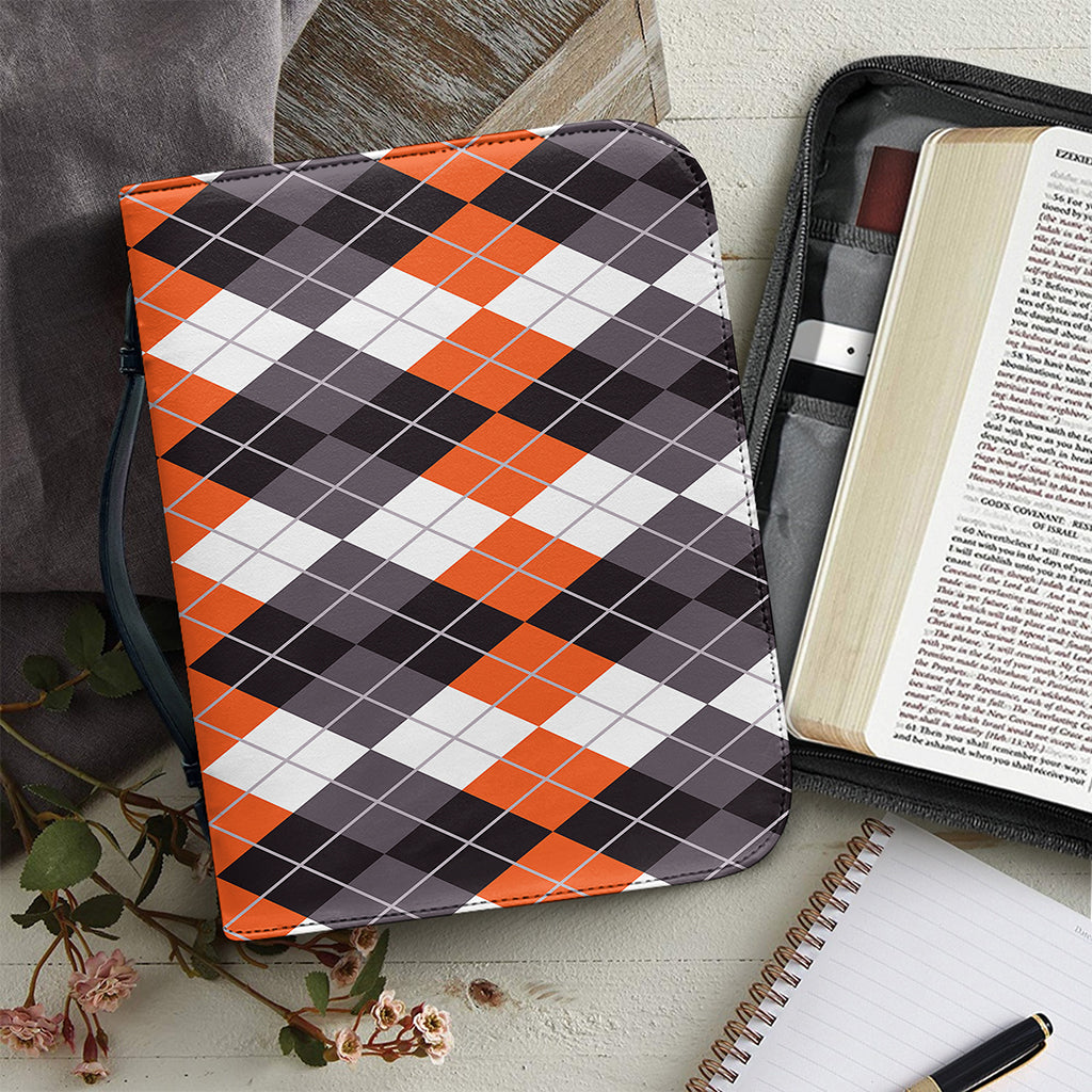 Grey Black Orange And White Argyle Print Leather Bible Cover