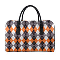 Grey Black Orange And White Argyle Print Leather Duffel Bag