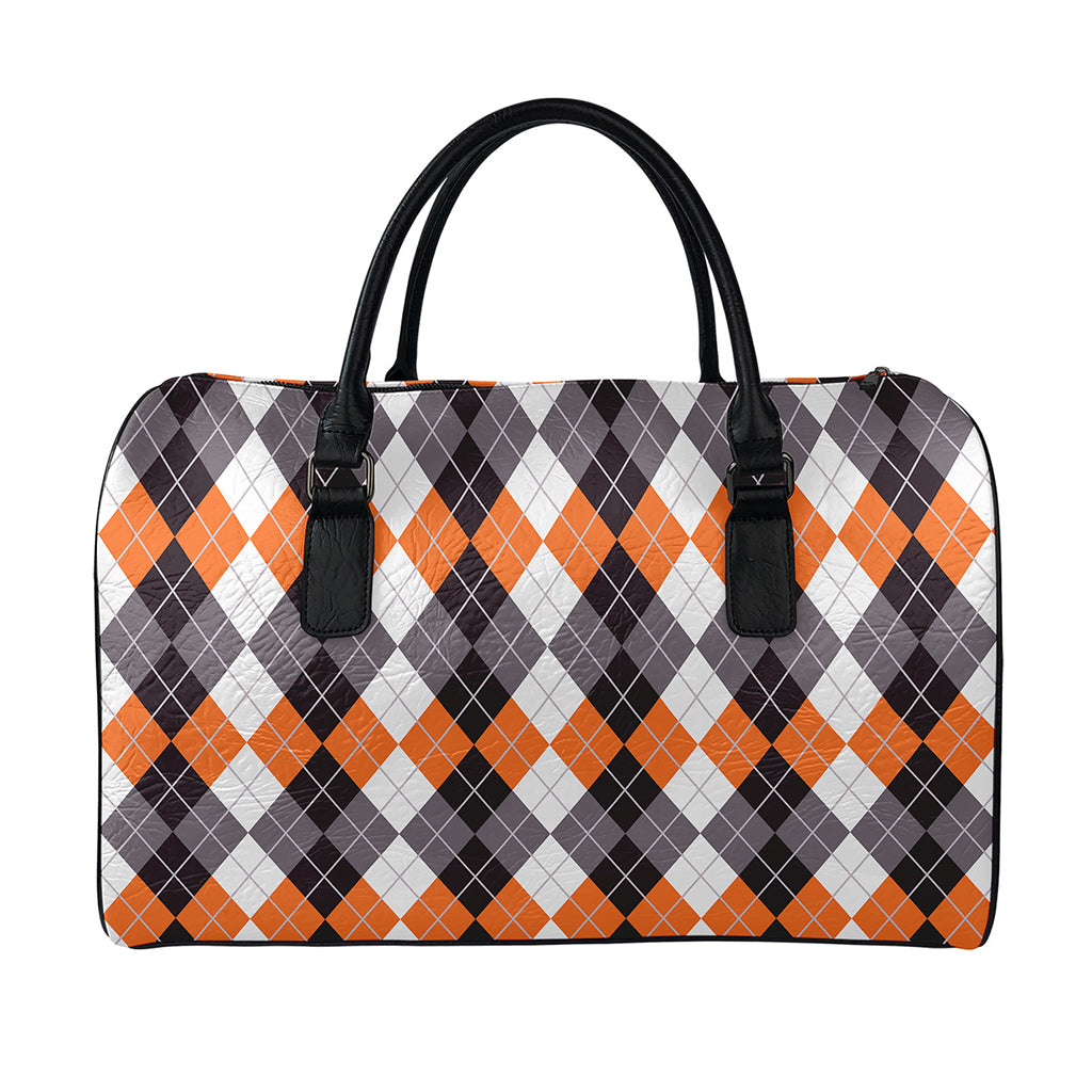 Grey Black Orange And White Argyle Print Leather Duffle Bag