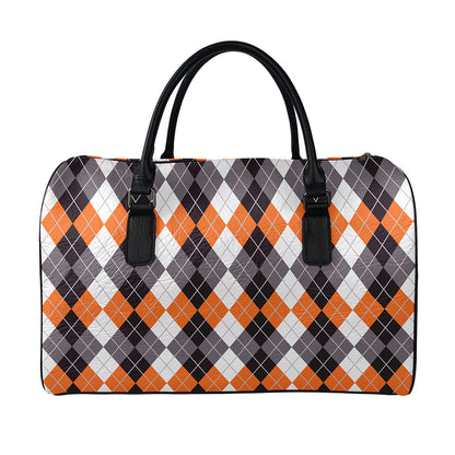 Grey Black Orange And White Argyle Print Leather Duffle Bag